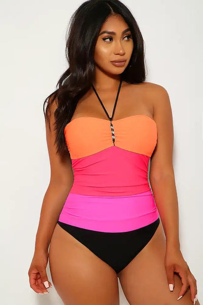 Orange Black Striped One Piece Swimsuit - AMIClubwear