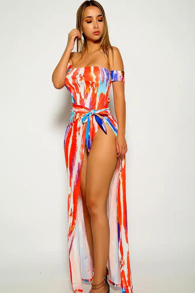 Orange Blue Graphic Print Two Piece Outfit - AMIClubwear