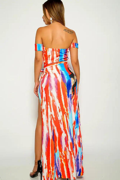 Orange Blue Graphic Print Two Piece Outfit - AMIClubwear