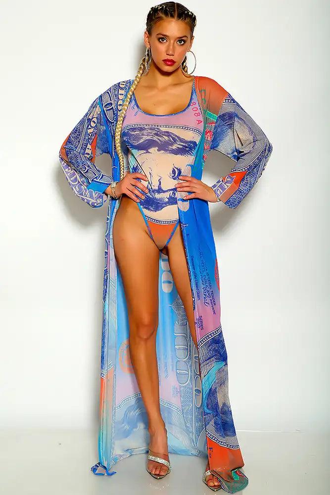 Orange Blue Long Sleeve Cover Up Sexy Monokini Swimsuit Set - AMIClubwear