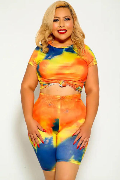 Orange Blue Short Sleeve Plus Size Two Piece Outfit - AMIClubwear