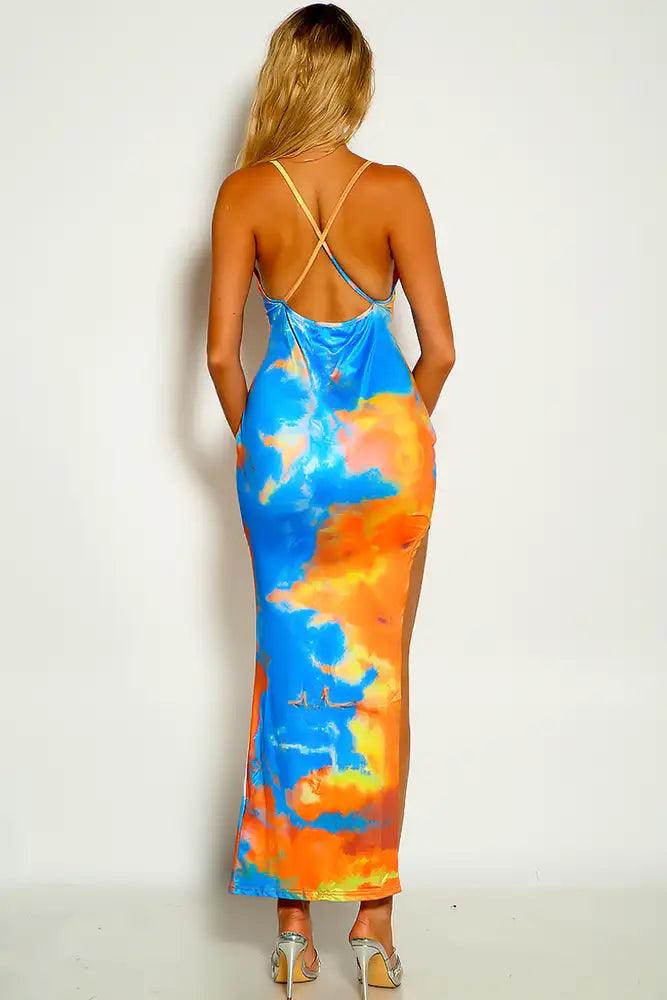 Orange Blue Sleeveless Two Tone Side Slit Maxi Dress - AMIClubwear