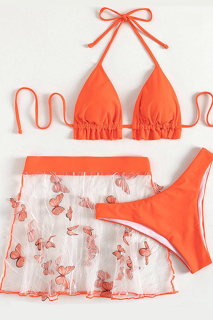 Orange Butterfly Print Ruffled Three Piece Swimsuit - AMIClubwear