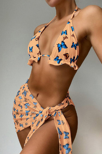 Orange Butterfly Print Sexy Three Piece Swimsuit - AMIClubwear