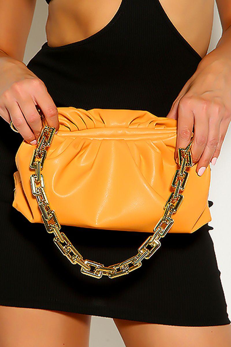 Orange Chain Strap Metal Clasp Closure Faux Leather Handbag - AMIClubwear