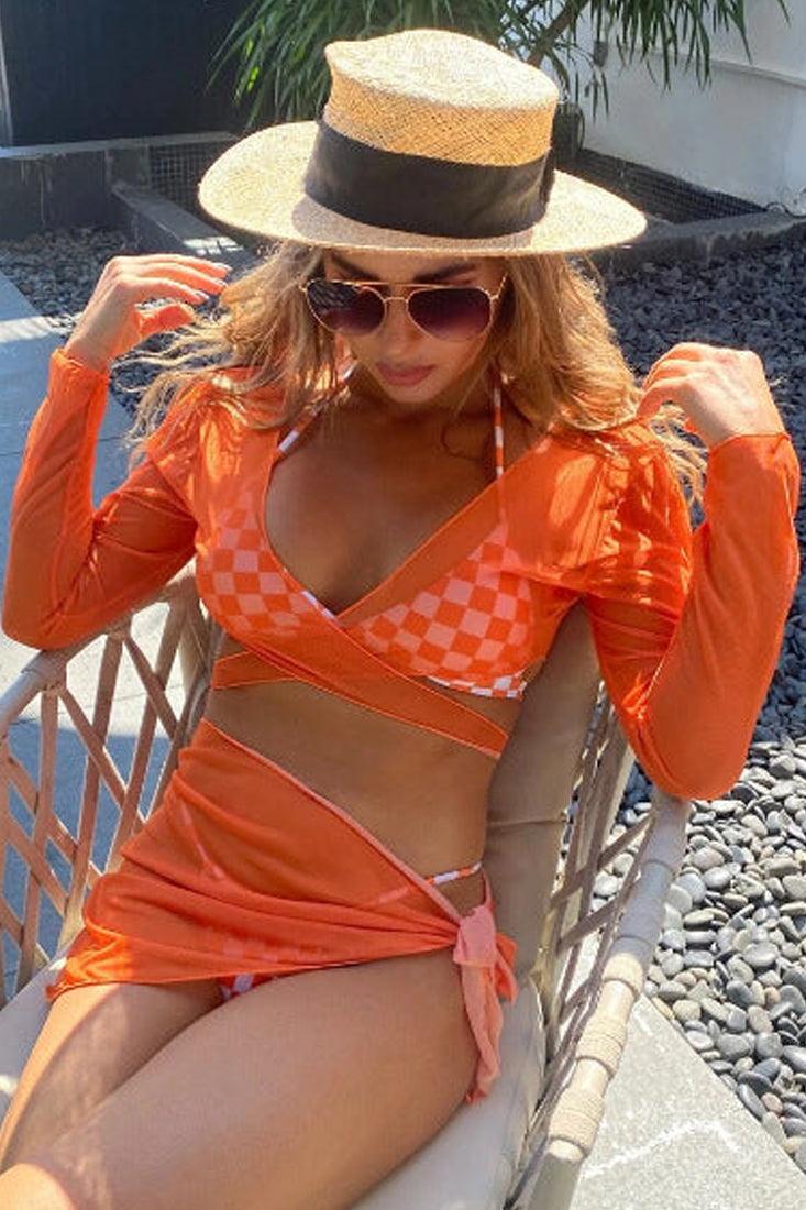 Orange Checkered Print Cheeky 4 Piece Swimsuit - AMIClubwear