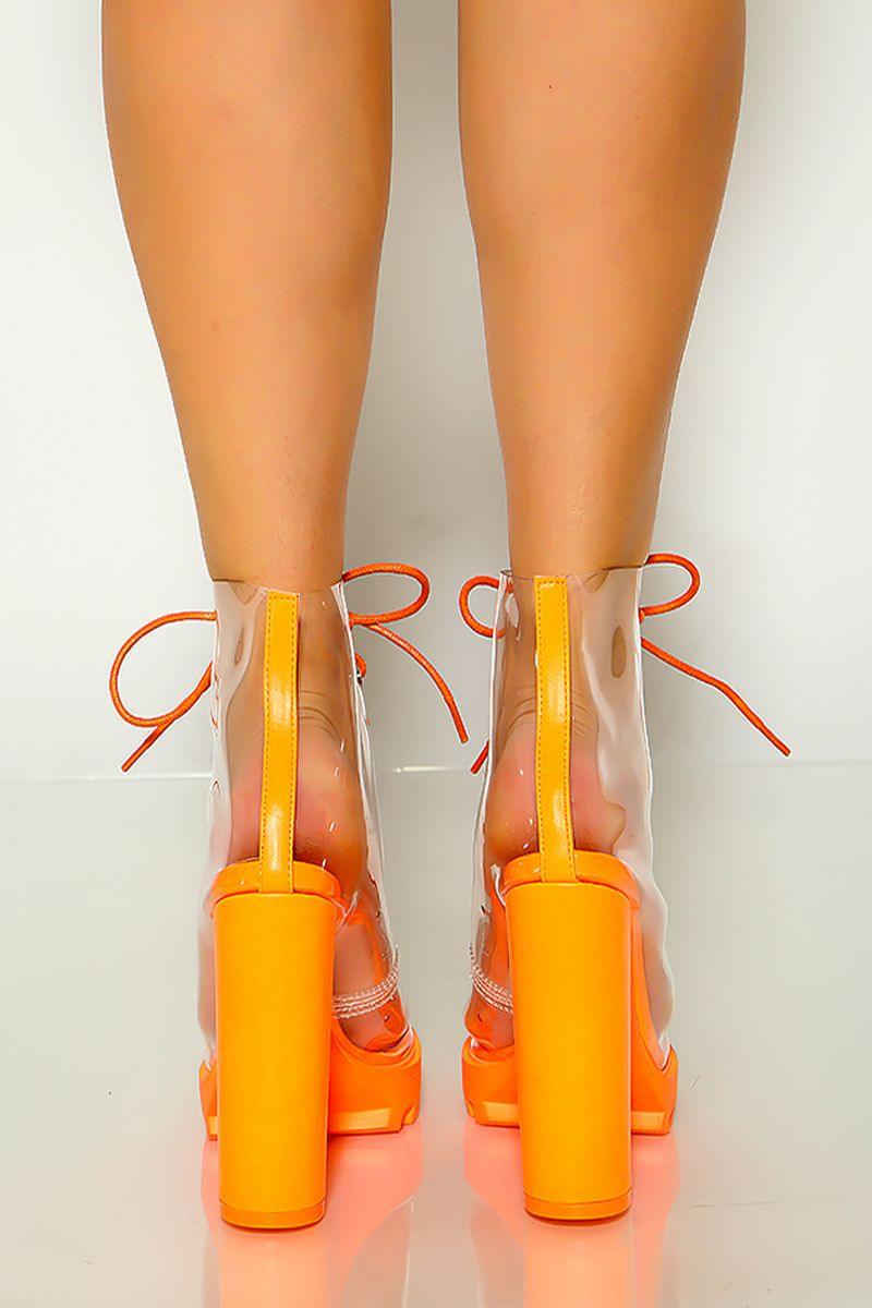 Orange Clear Lace Up Platform Chunky High Heel - AMIClubwear