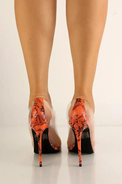 Orange Clear Snake Print High Heels - AMIClubwear