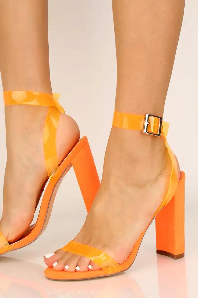 Orange Clear Strappy Chunky Heels - AMIClubwear