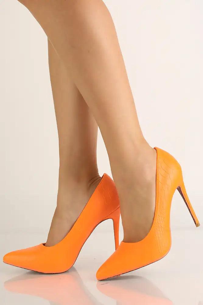 Orange Croc Material Pointy Toe High Heel Pumps - AMIClubwear