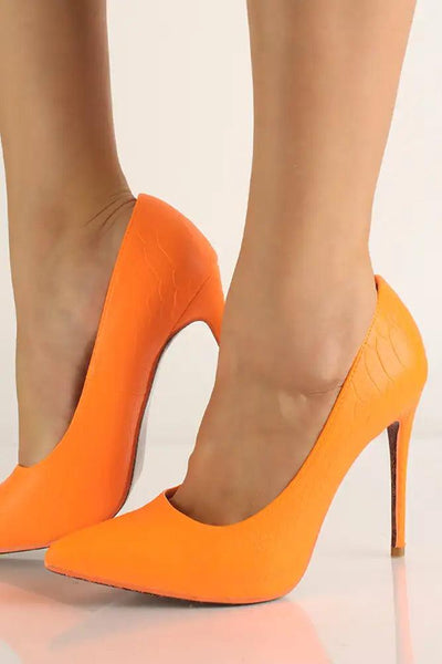 Orange Croc Material Pointy Toe High Heel Pumps - AMIClubwear