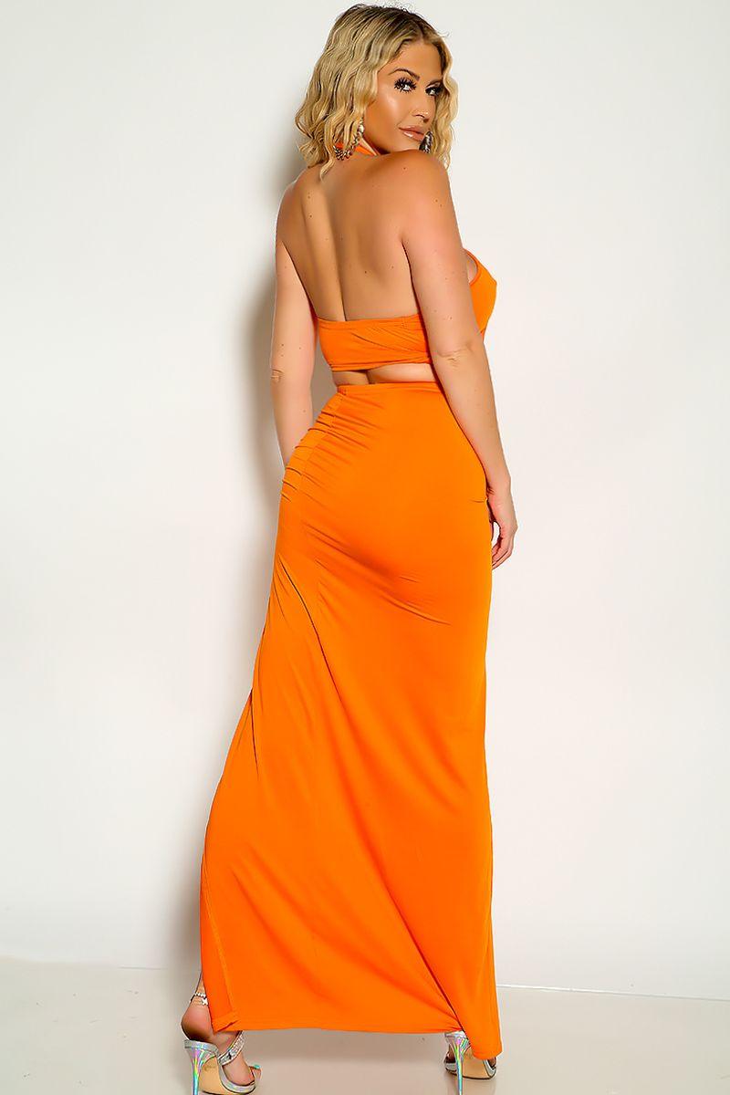 Orange Cross Halter O-Ring Detail Side Slit Ruched Maxi Two Piece Dress - AMIClubwear