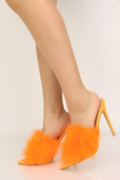Orange Faux Fur Slip On High Heels - AMIClubwear