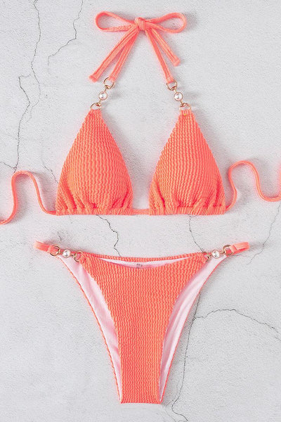 Orange Faux Pearl Accent Ribbed Halter 2 Pc Bikini Set - AMIClubwear