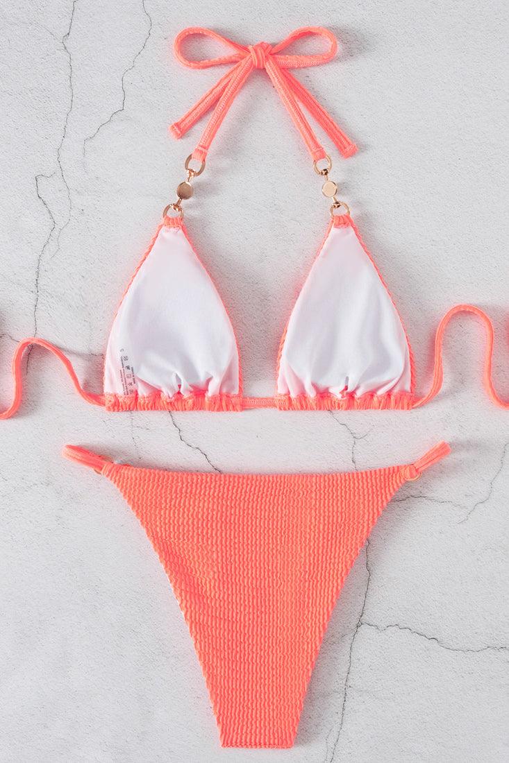 Orange Faux Pearl Accent Ribbed Halter 2 Pc Bikini Set - AMIClubwear