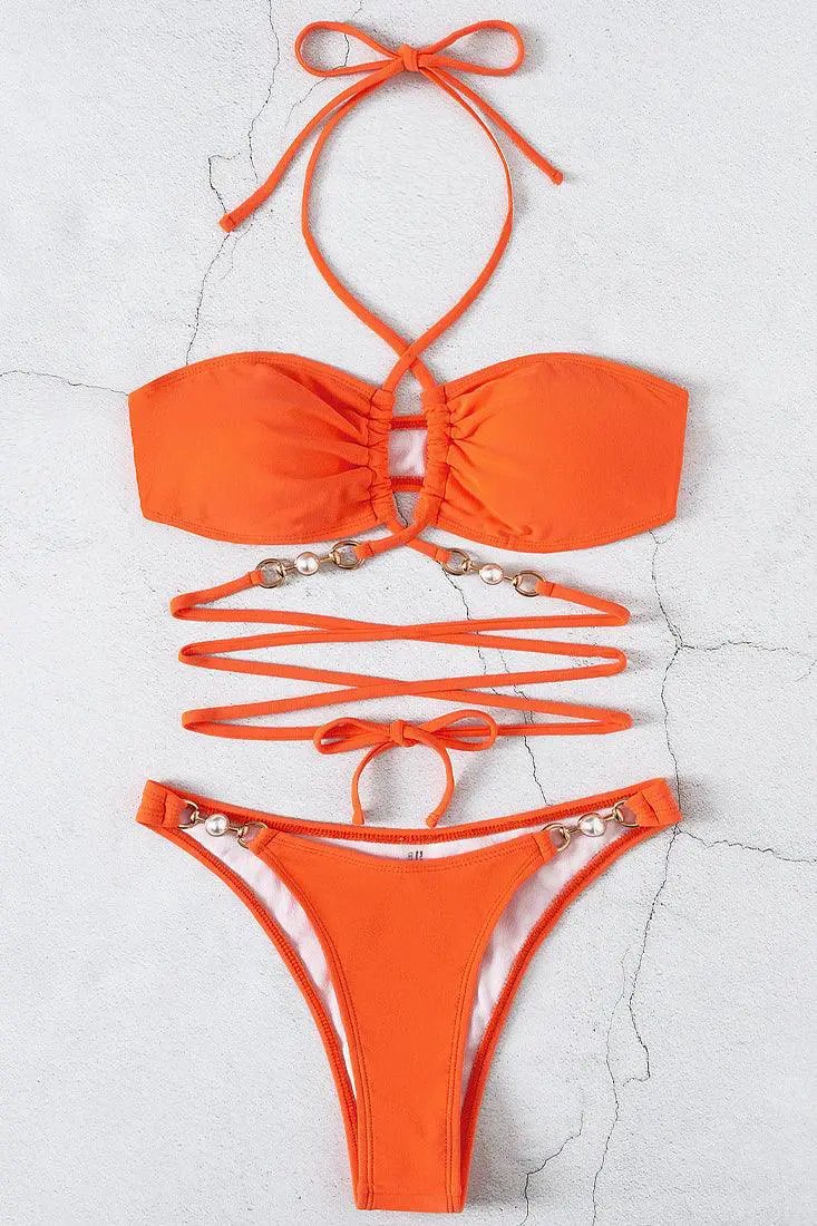 Orange Faux Pearl Strappy Criss-Cross 2 Pc Bikini Set
