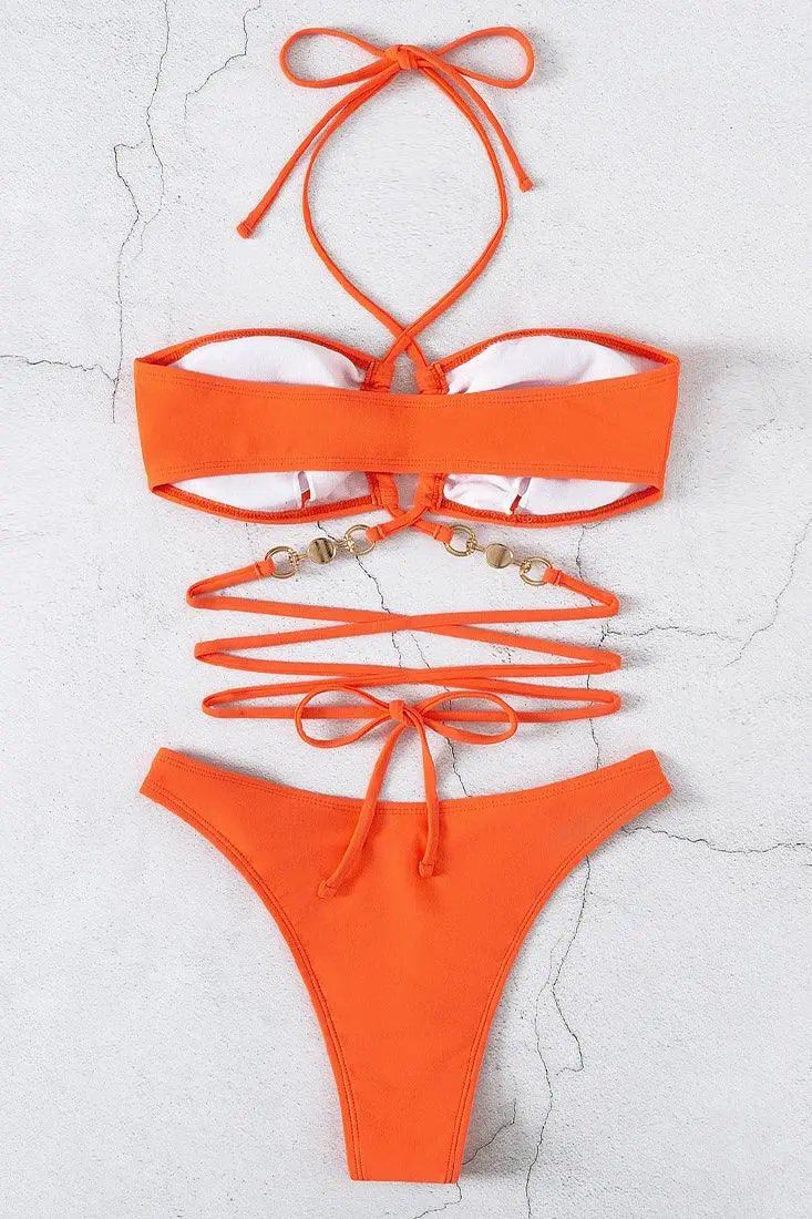 Orange Faux Pearl Strappy Criss-Cross 2 Pc Bikini Set