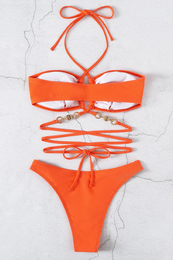 Orange Faux Pearl Strappy Criss-Cross 2 Pc Bikini Set - AMIClubwear