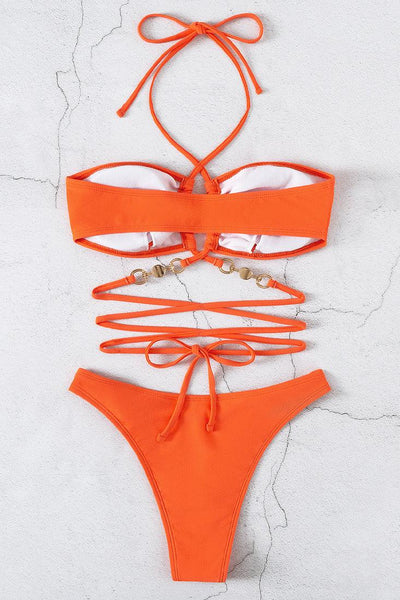 Orange Faux Pearl Strappy Criss-Cross 2 Pc Bikini Set - AMIClubwear