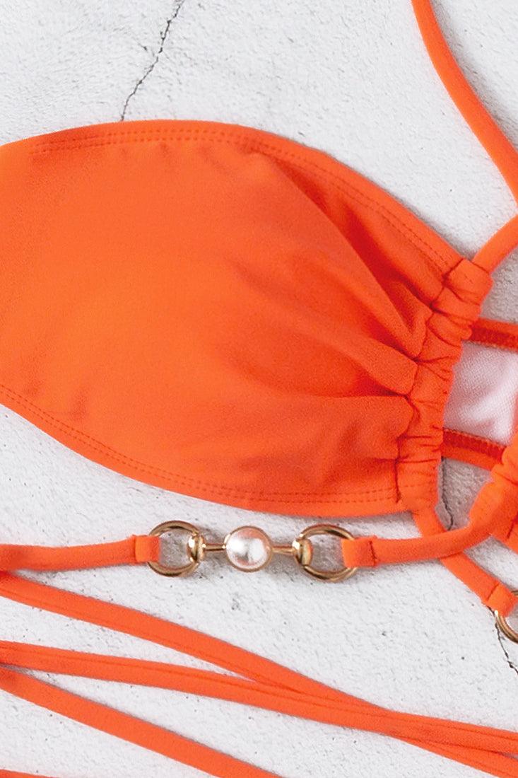 Orange Faux Pearl Strappy Criss-Cross 2 Pc Bikini Set - AMIClubwear