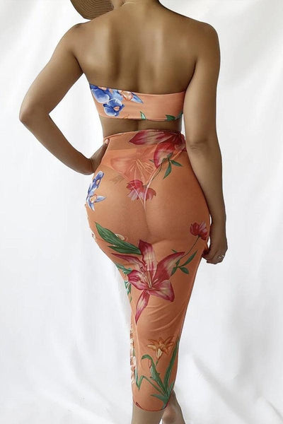 Orange Floral Print Bandeau Mesh Three Piece Swimsuit - AMIClubwear