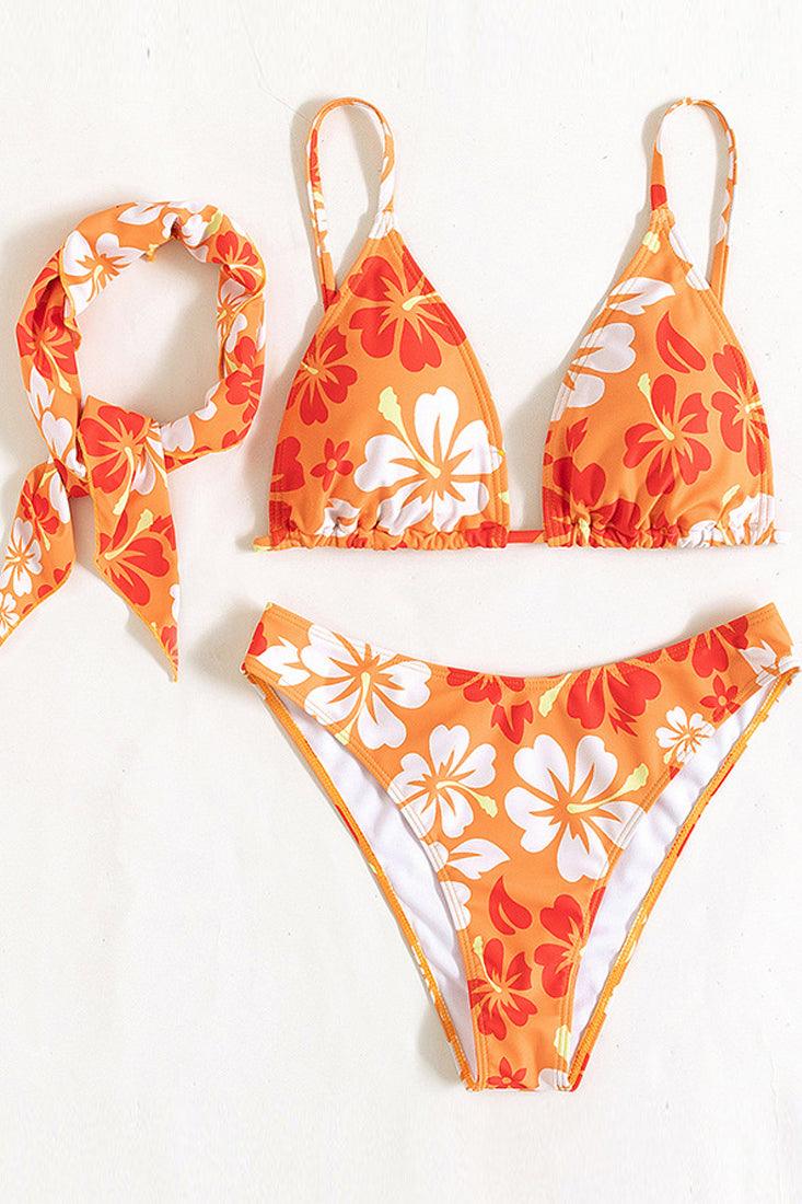 Orange Floral Print Cheeky Three Piece Sexy Swimsuit - AMIClubwear