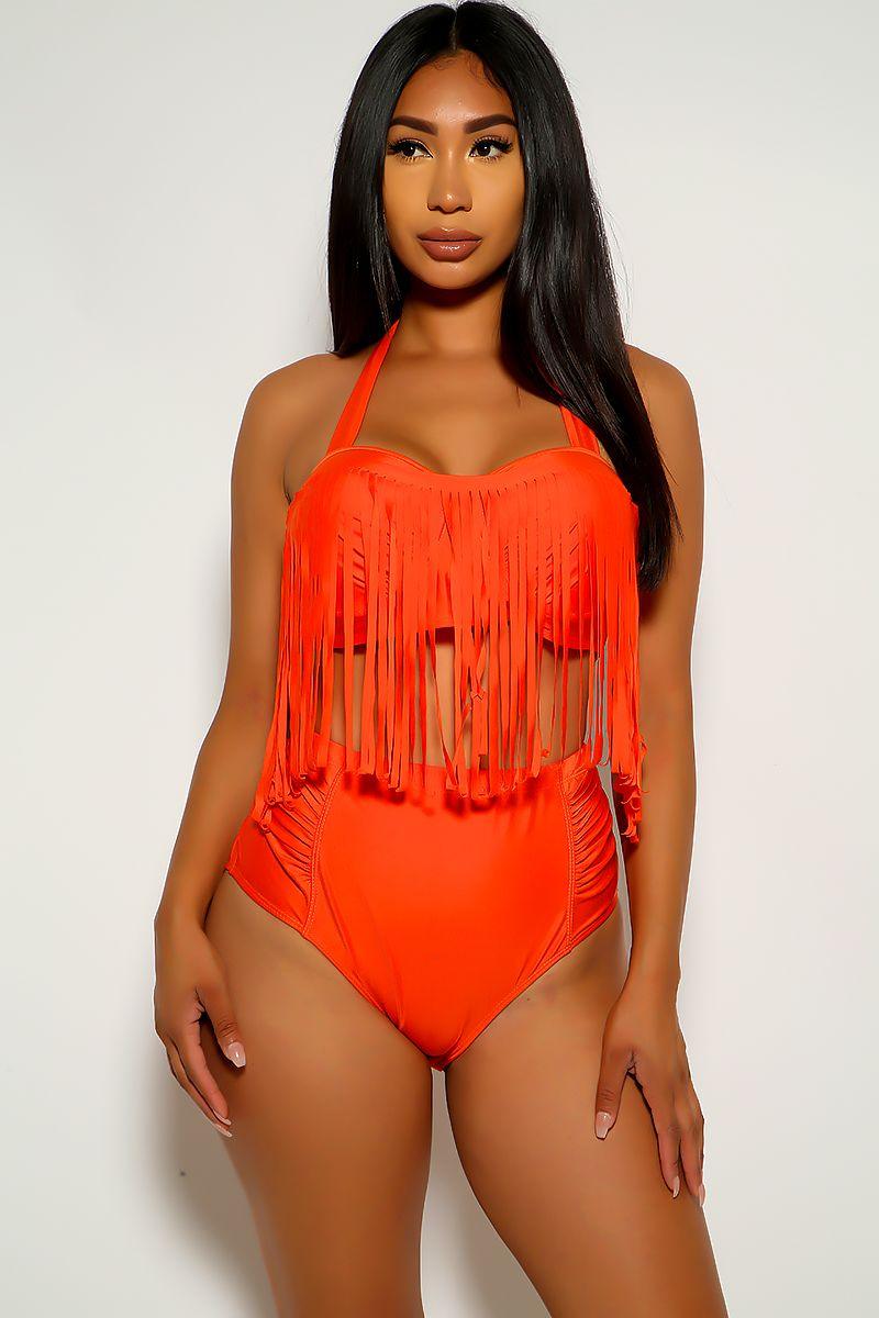 Orange Fringe High Waist Plus Size Swimsuit - AMIClubwear