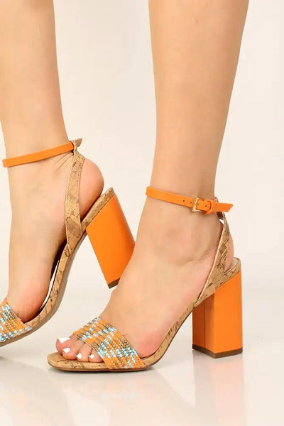 Orange Geometric Print Open Toe Chunky Heels - AMIClubwear