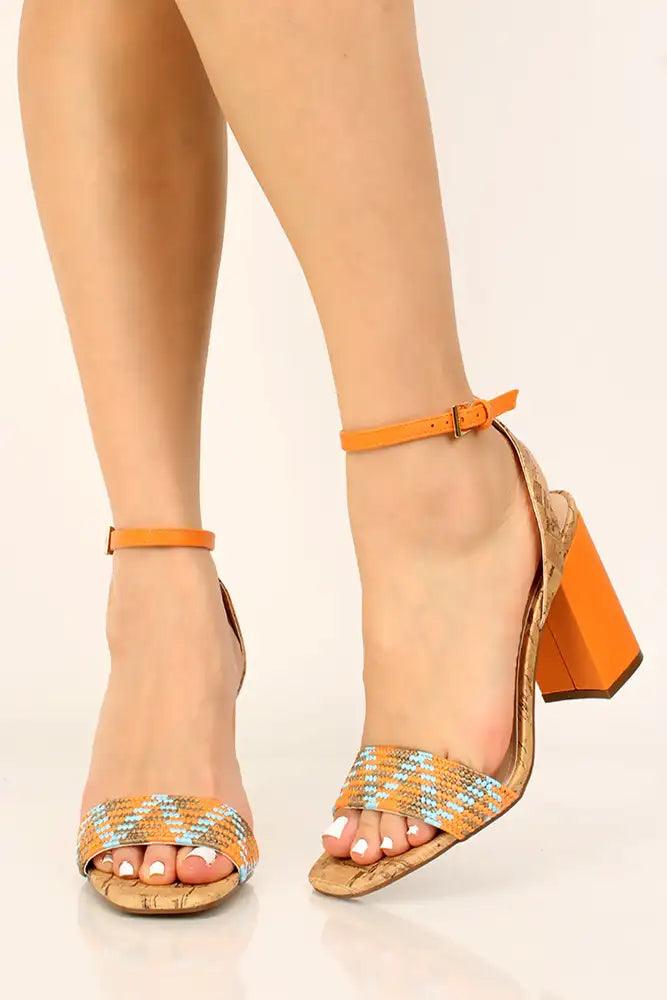 Orange Geometric Print Open Toe Chunky Heels - AMIClubwear