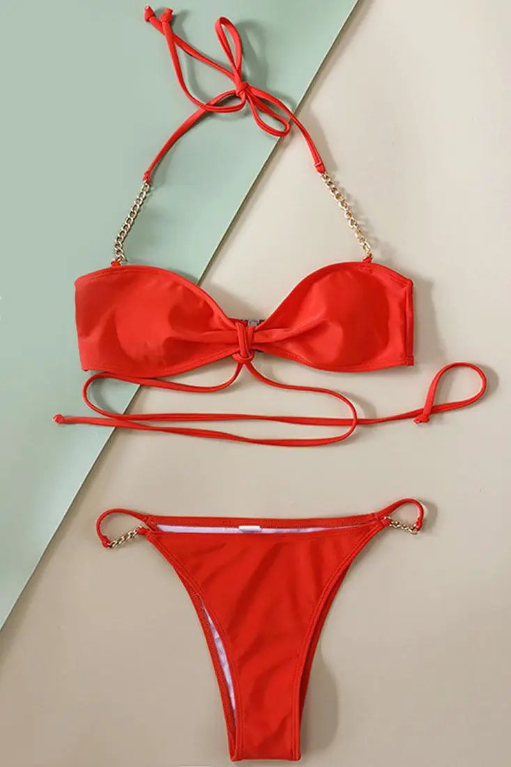 Orange Gold Chain Accent Sexy Two Piece Swimsuit
