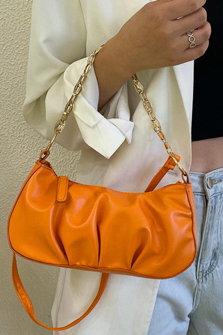 Orange Gold Chain Strap Ruched Cross Body Hand Bag - AMIClubwear