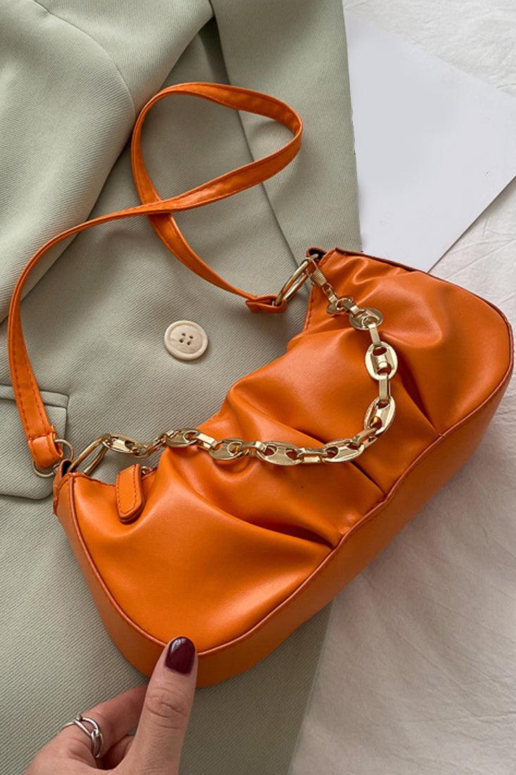 Orange Gold Chain Strap Ruched Cross Body Hand Bag - AMIClubwear