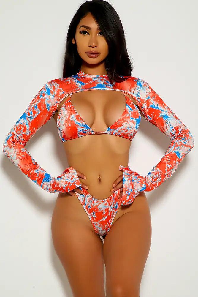 Orange Graphic Print Three Piece Swimsuit - AMIClubwear