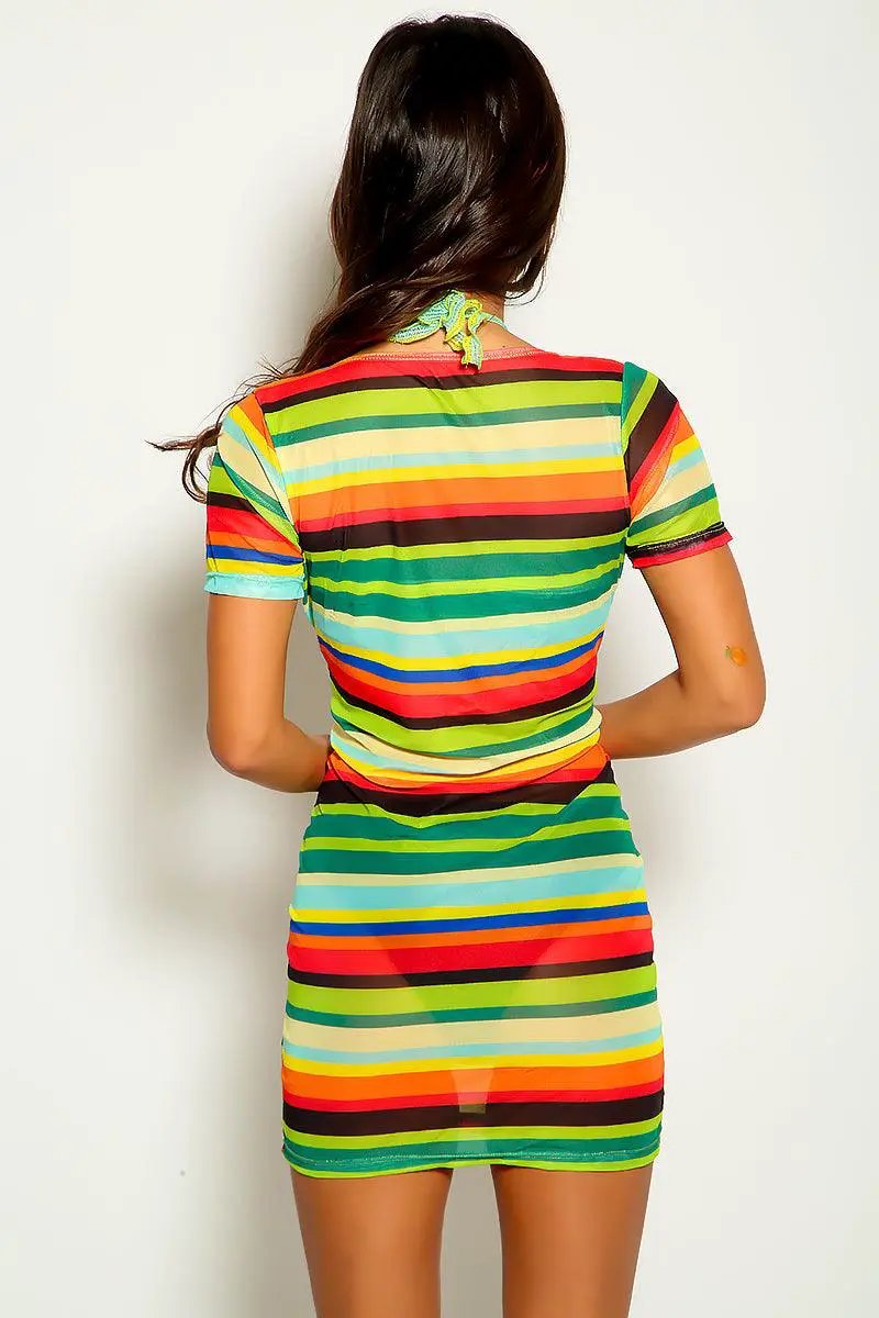 Orange Green Striped Three Piece Swimsuit