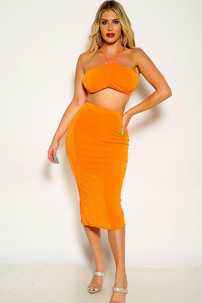 Orange Halter Cropped Midi Two Piece Dress - AMIClubwear