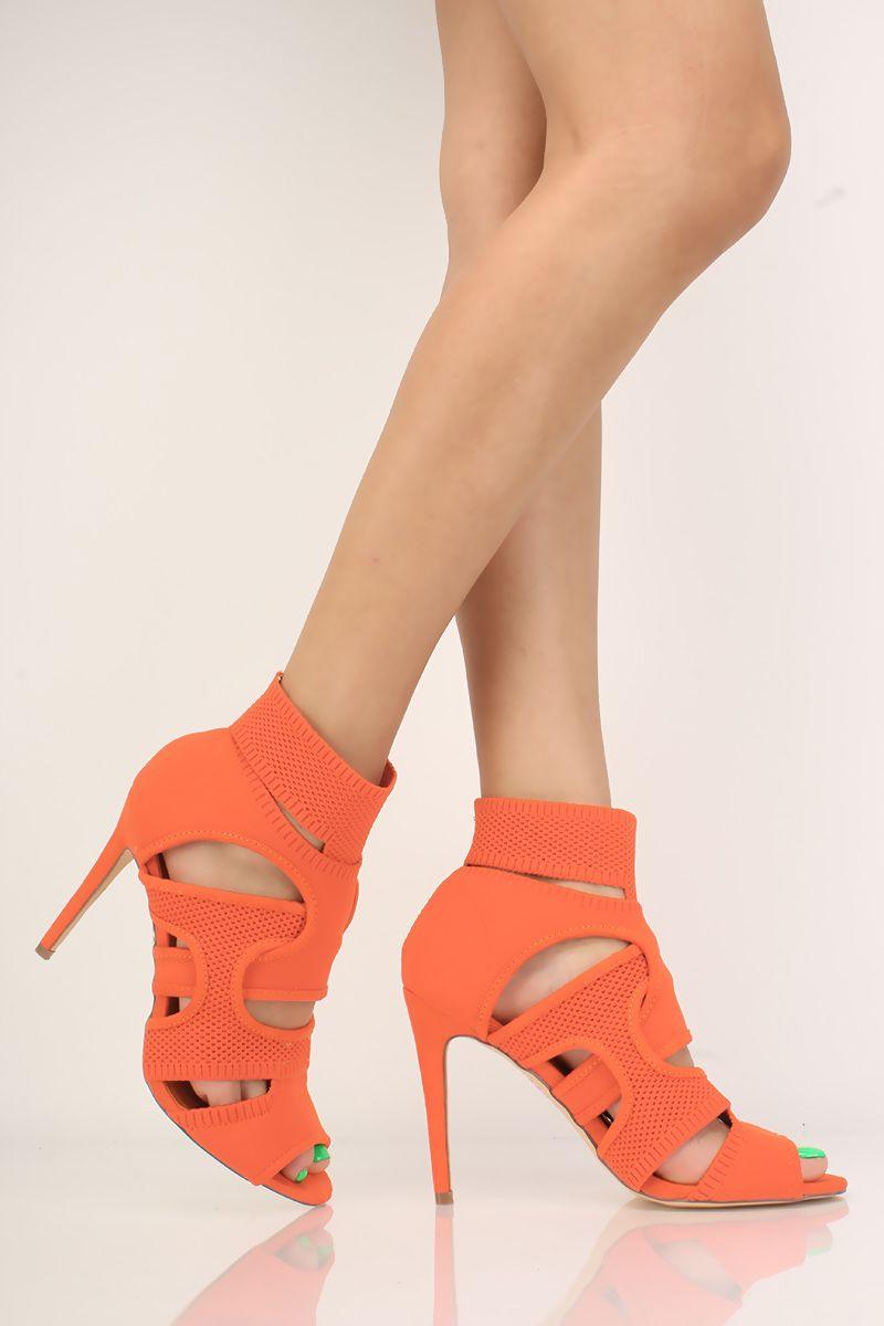 Orange Knit Peep Toe Single Sole High Heels - AMIClubwear