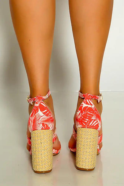 Orange Leaf Print Open Toe Triple Strap Chunky High Heels - AMIClubwear