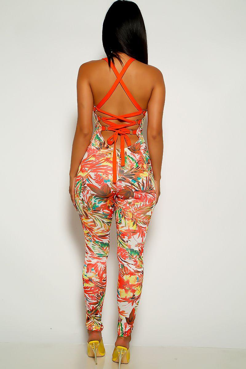 Orange Leaf Print Sleeveless Jumpsuit - AMIClubwear