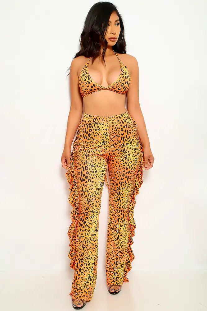 Orange Leopard Print Ruffled Two Piece Outfit - AMIClubwear