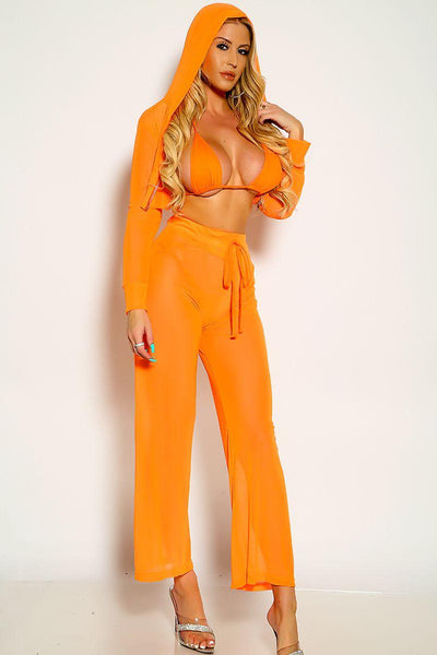 Orange Long sleeve Mesh Hooded Zip Up Flared Two Piece Outfit - AMIClubwear