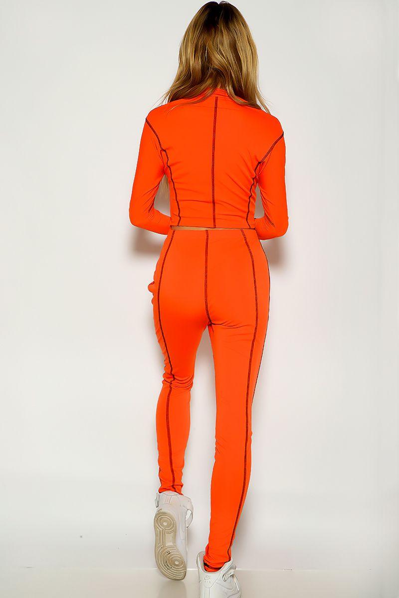 Orange Long Sleeve Stitched Detail Zip Up Loungewear Two Piece Outfit - AMIClubwear