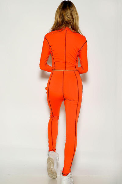 Orange Long Sleeve Stitched Detail Zip Up Loungewear Two Piece Outfit - AMIClubwear