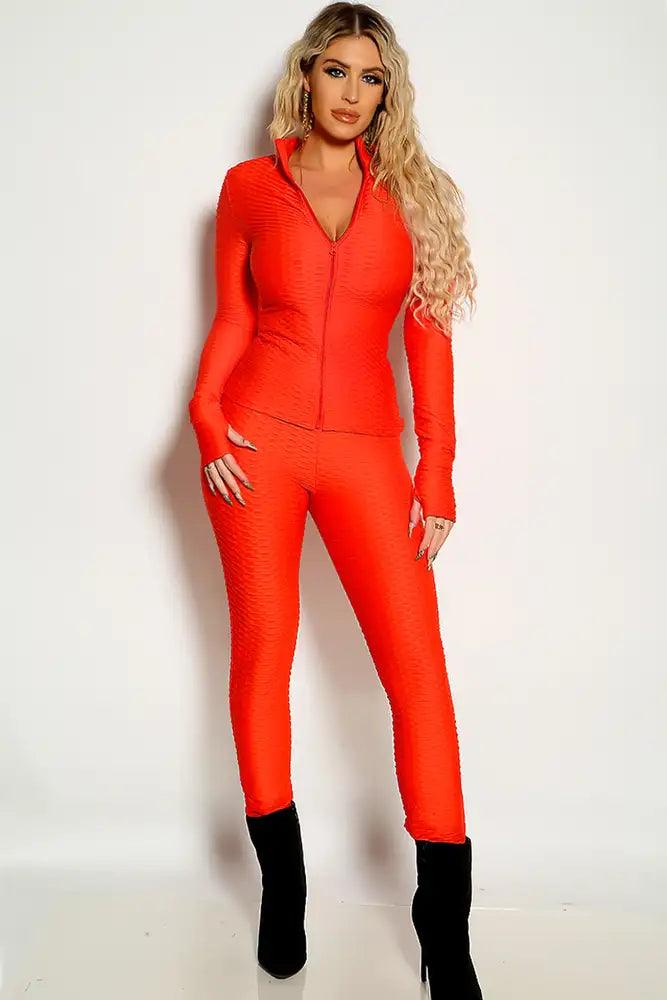 Orange Long Sleeve Textured Front Zipper Mock Neck Two Piece Outfit - AMIClubwear