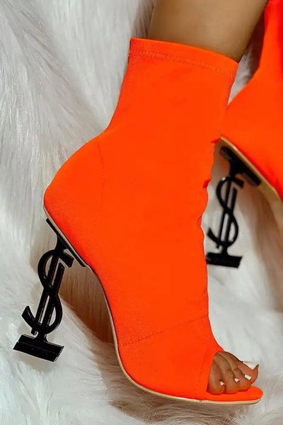 Orange Lycra Knit Monogram Peep Toe Booties - AMIClubwear