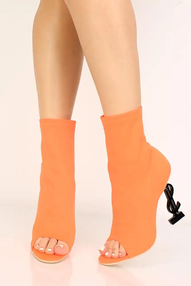 Orange Lycra Knit Monogram Peep Toe Booties - AMIClubwear