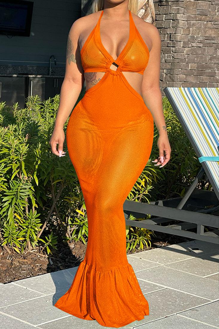 Orange Mesh Sleeveless O-Ring Maxi Party Dress - AMIClubwear
