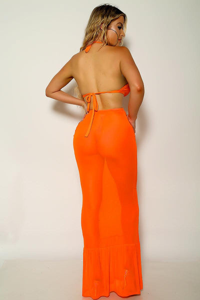 Orange Mesh Sleeveless O-Ring Maxi Party Dress - AMIClubwear
