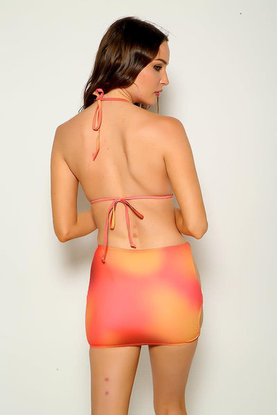 Orange Multi Printed Halter Sexy Three Piece Swimsuit - AMIClubwear