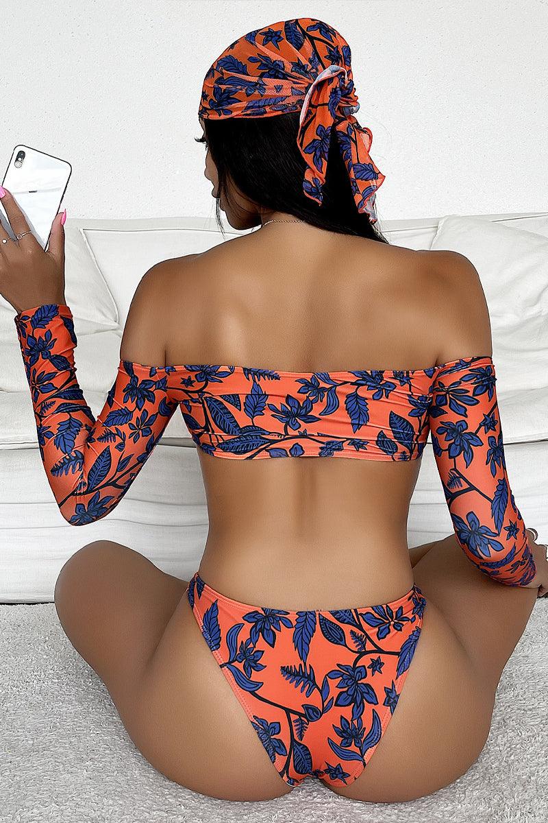 Orange Navy Leaf Print Sexy Cheeky Three Piece Swimsuit - AMIClubwear