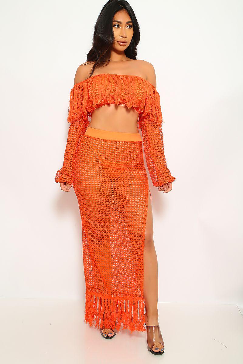 Orange Netted Fringe 3 Piece Swimsuit Set - AMIClubwear